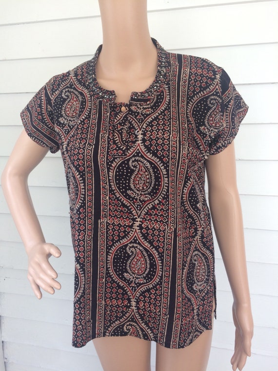 Vintage India Top Beaded Print Blouse Casual S M - image 6