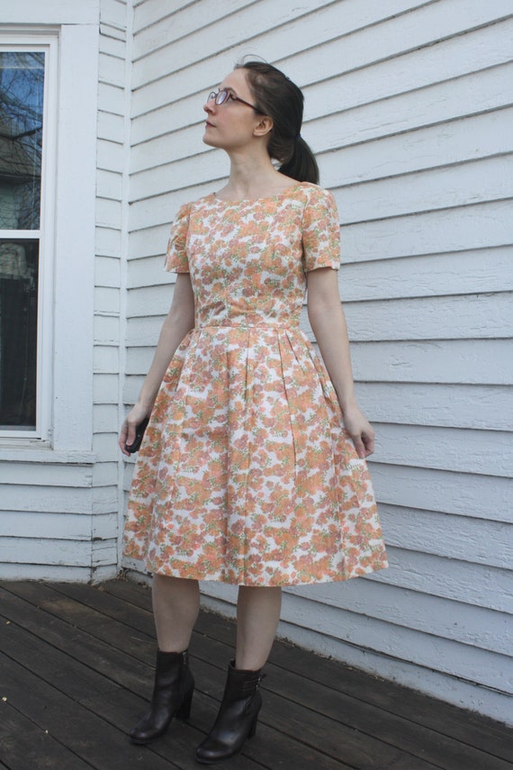 60s Floral Party Dress Peach Vintage 1960s Short … - image 5