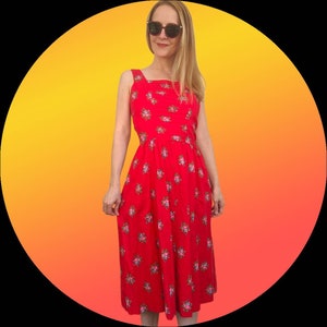 Lanz Red Floral Dress Open Tie Back Vintage Summer Sundress 70s XS