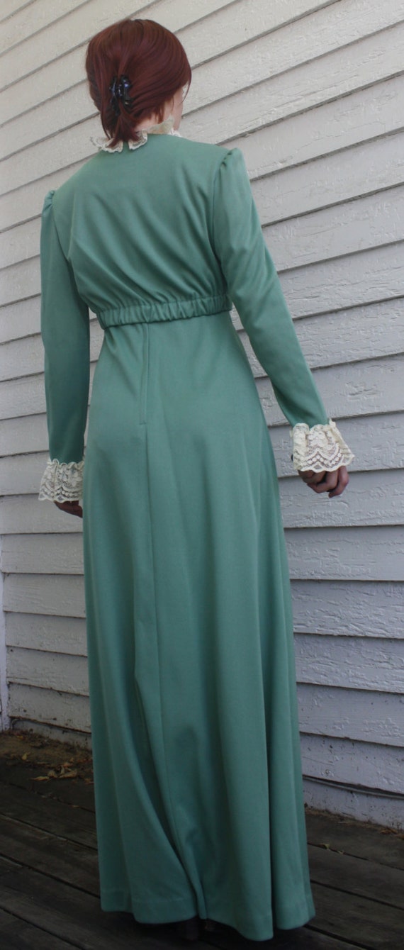 70s Lace Collar Green Dress Retro Victorian Maxi … - image 5