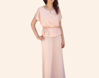 70s Grecian Dress Maxi Goddess Formal Gown Vintage Pale Pink S