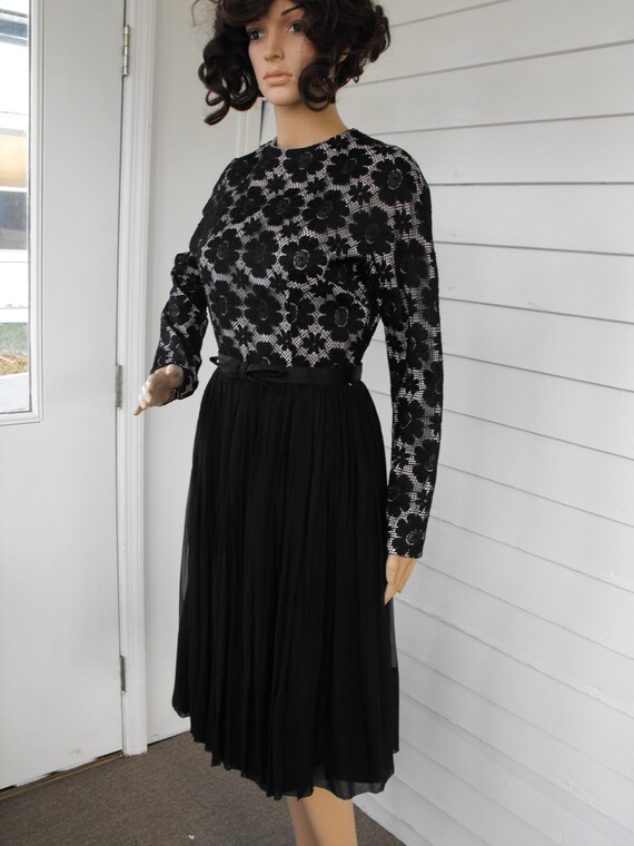 60s Black Floral Lace Dress Party Pleated Long Sl… - image 6