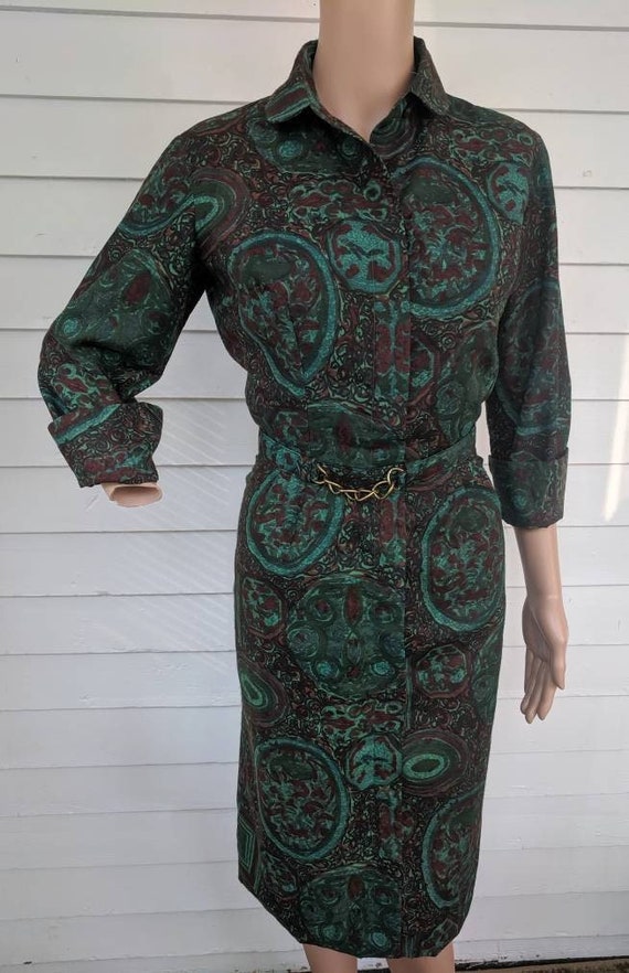 50s Dark Green Print Dress Vintage 1950s Cotton Li