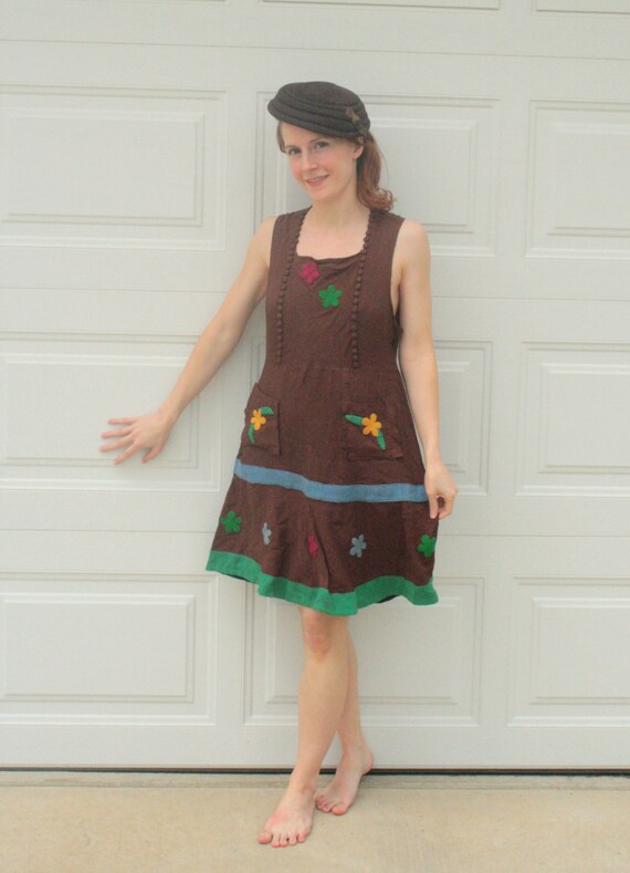 30s Floral Applique Dress Brown Summer Country Fol