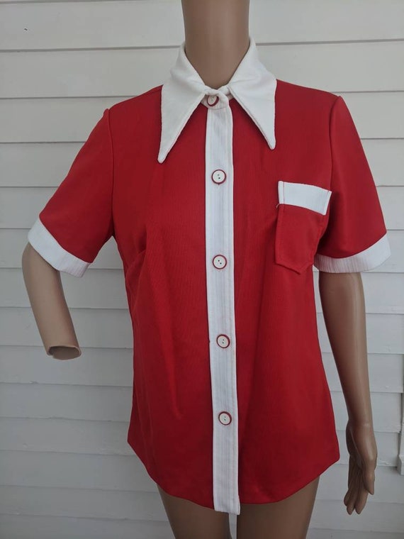 Mod Red Top Vintage 70s Short Sleeve Button Down … - image 5