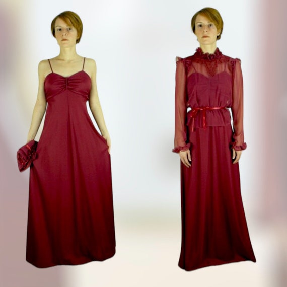 70s Dress with Sheer Lace Blouse Dark Burgundy Re… - image 3