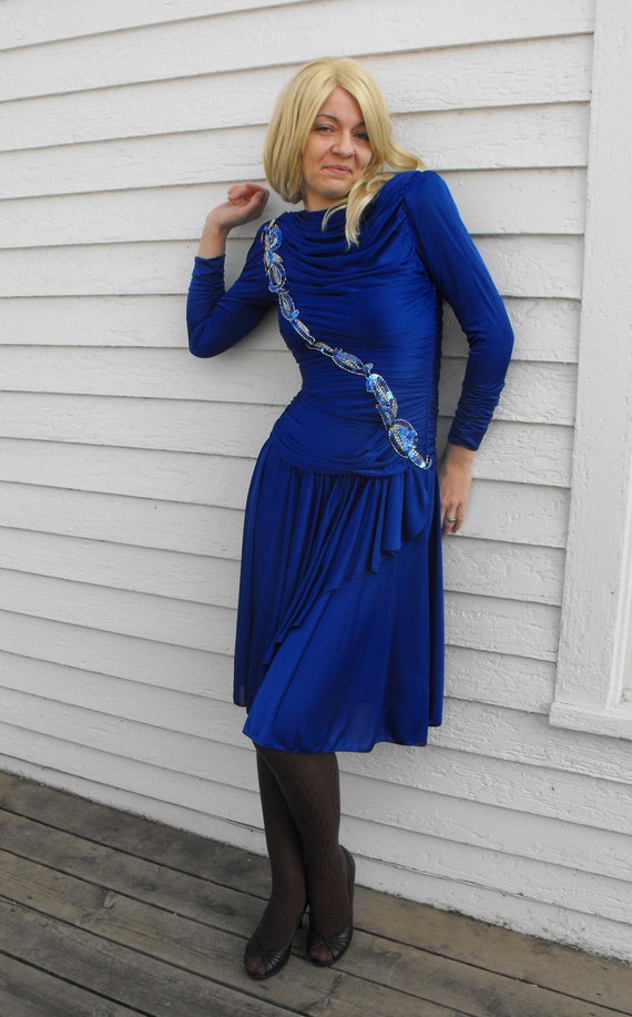 Blue Sequin Dress Beaded Vintage 80s XS Figure Sk… - image 5