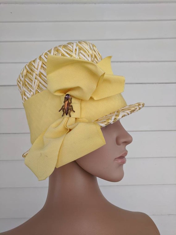 Vintage Yellow Hat Spring Summer Cello Straw - image 2