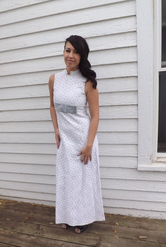 60s Lace Formal Gown Prom White Long Maxi Sleevele