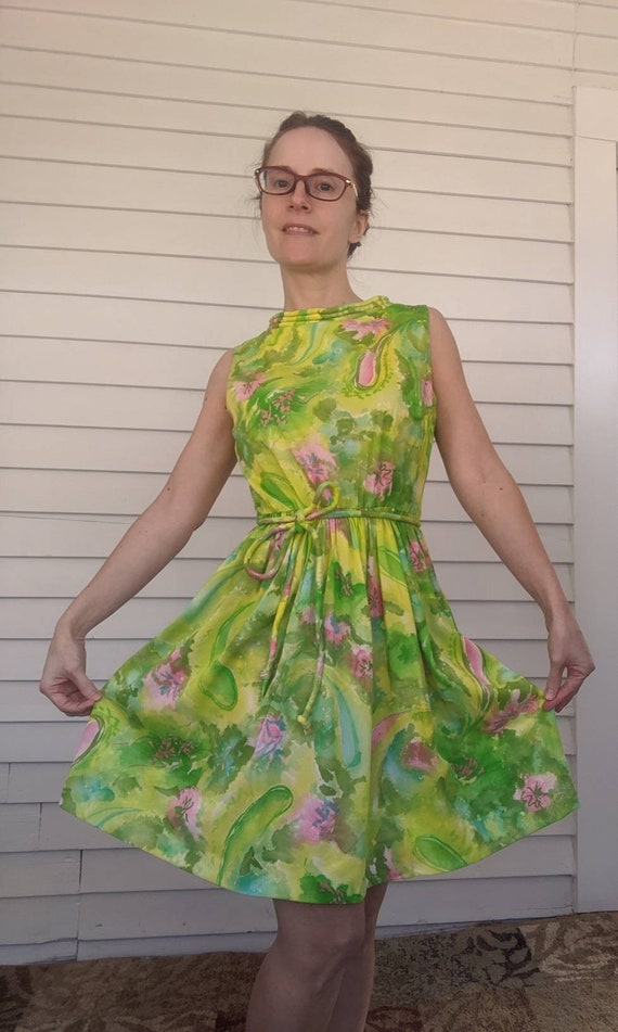 60s Green Floral Dress Sleeveless Mod Print XS Pe… - image 5