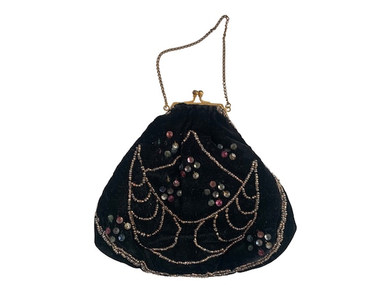 Black Velvet Beaded Sequin Mini Purse Antique - image 1