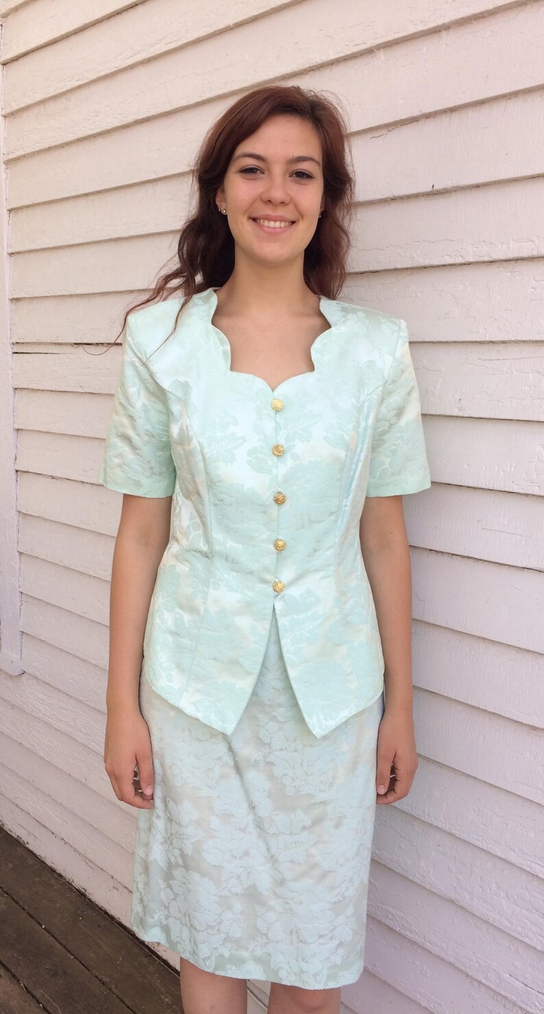 80s Jacket and Skirt Pale Mint Floral Suit Embossed M