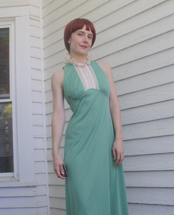 70s Lace Collar Green Dress Retro Victorian Maxi … - image 10