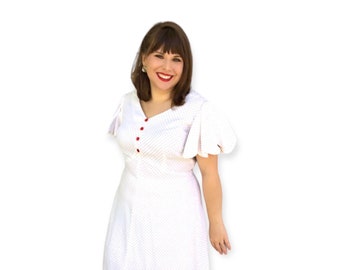 Mod Polka Dot Dress White Red Scallop Sleeves 70s Vintage 40 Bust