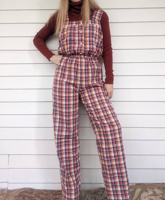 70s Plaid Jumpsuit S White Blue Yellow Red Rainbow - image 1