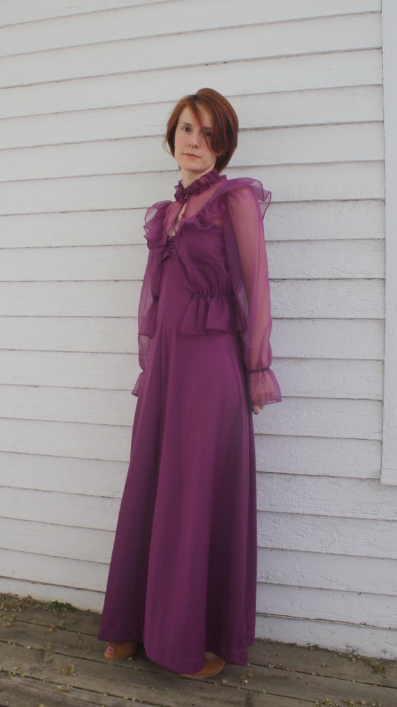 70s Dress with Sheer Lace Blouse Dark Burgundy Re… - image 7