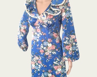 70s Bishop Sleeve Maxi Dress Hippie Blue Floral Long Vintage S