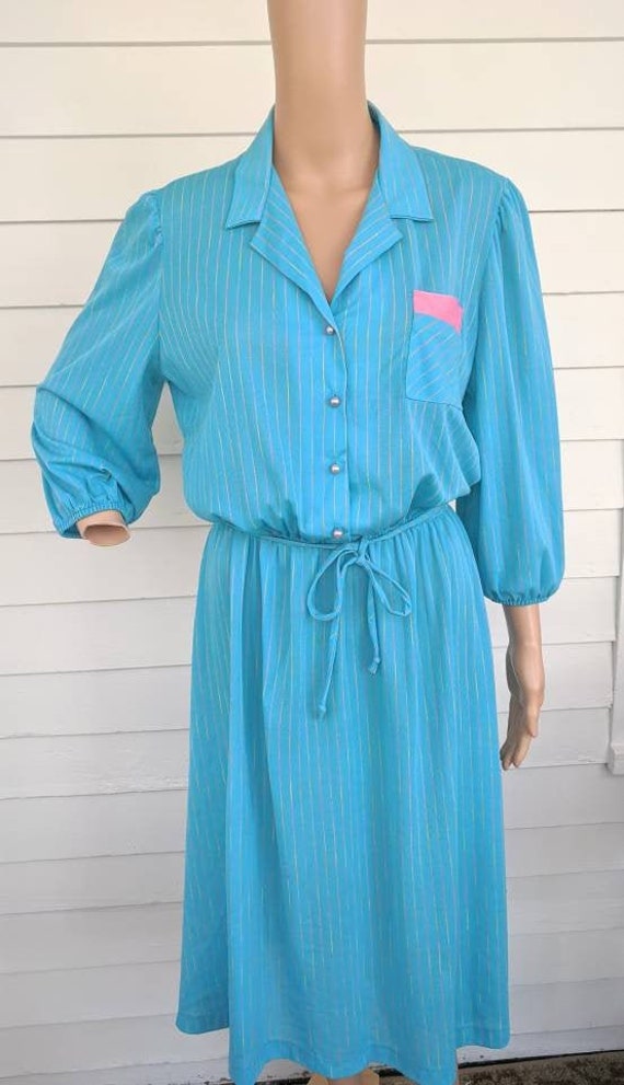 Blue Retro Dress 80s does 50s Sheer Striped Casua… - image 3