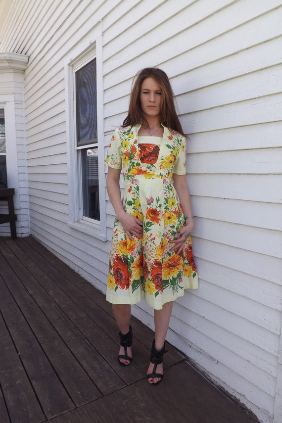 50s Yellow Floral Print Dress Vintage Cotton Day … - image 7