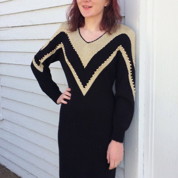 80s Black Gold Sweater Dress Metallic Knit Beaded Long Sleeve M