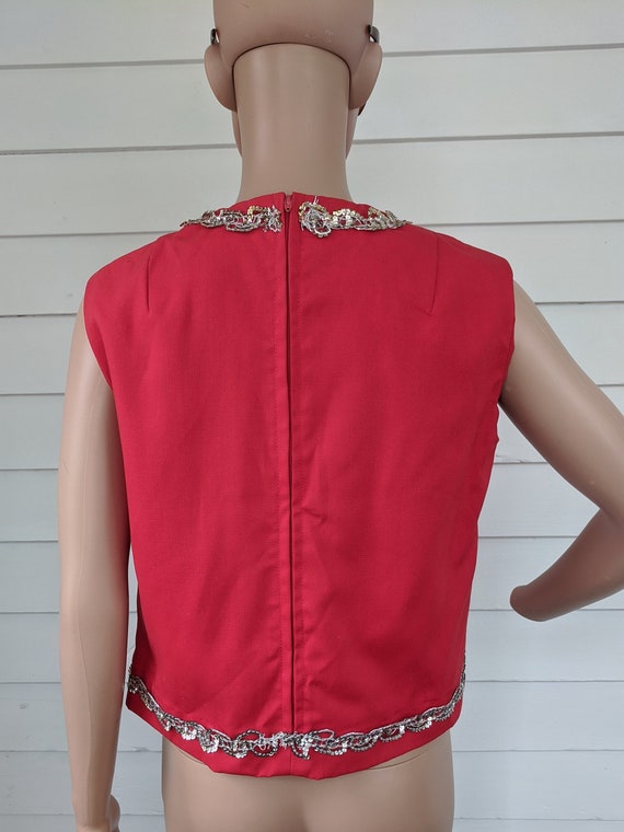 60s Red Blouse Sleeveless Sequin Vintage Shell S - image 4