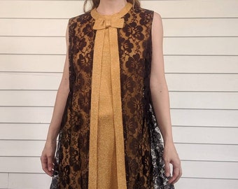 60s Vintage Brown Lace Gold Gown Party Dress Cocktail S