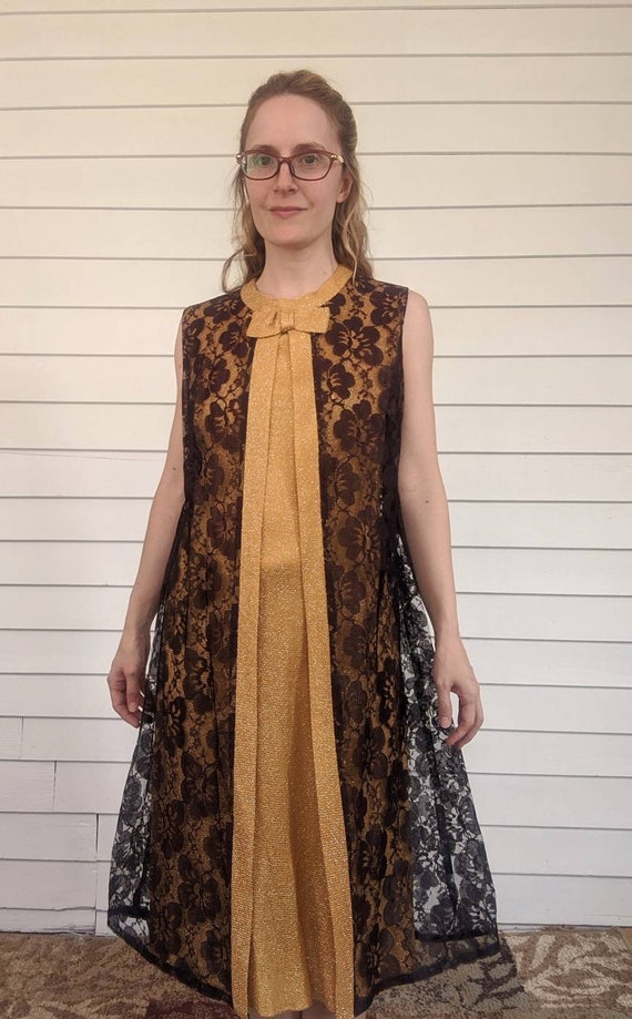 60s Vintage Brown Lace Gold Gown Party Dress Cocktail S - Etsy