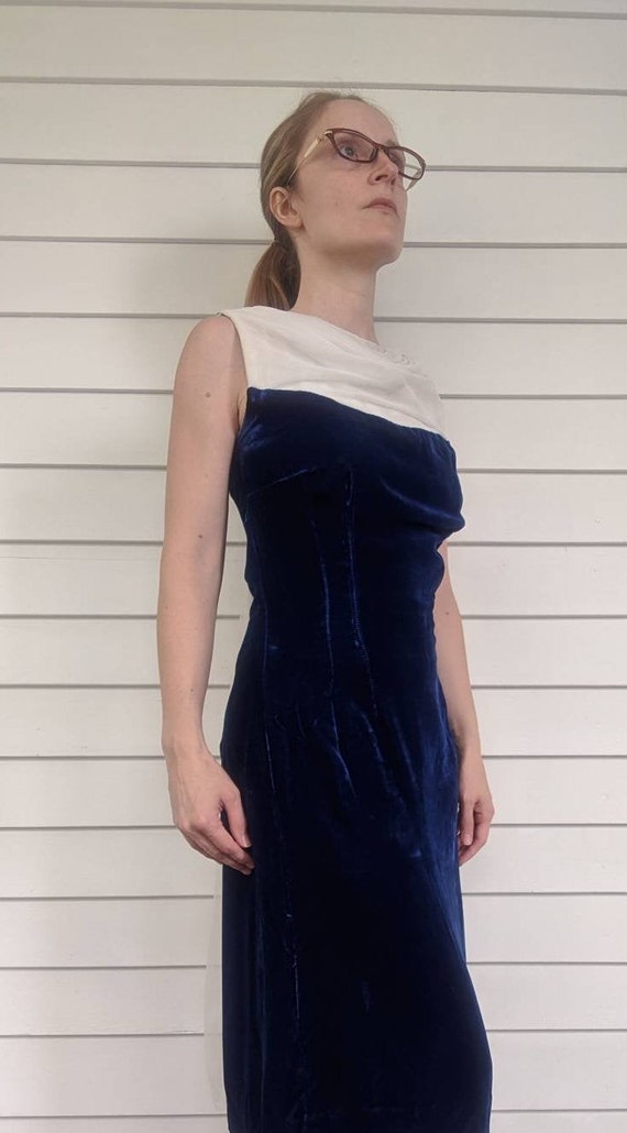 Blue Velvet Party Dress Chiffon 60s Sleeveless XS - image 10