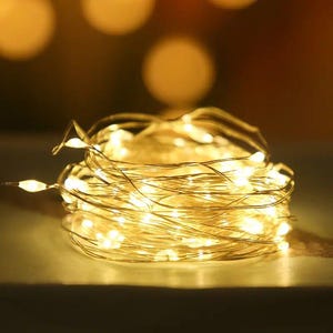 Peut inclure: Une guirlande lumineuse LED blanche chaude enroulée. Les lumières sont sur un fil d'or fin et flexible. L'arrière-plan est flou, avec des tons jaunes et bruns doux et flous.