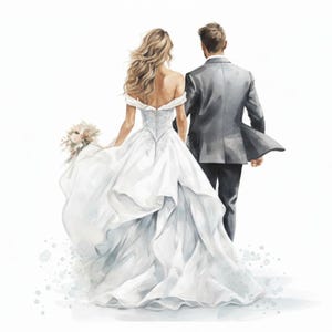Könnte beinhalten: Aquarellillustration eines Brautpaares. Die Braut trägt ein weißes schulterfreies Kleid mit fließendem Rock und einen Blumenstrauß. Der Bräutigam trägt einen grauen Anzug. Das Paar ist von hinten zu sehen und geht vom Betrachter weg.