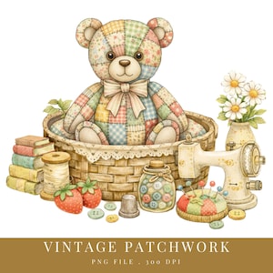 Patchwork Vintage Teddybär PNG, gesteppter Bär Pyrex-Stil, Cottagecore Nähen Tier Design, Oma Kern Preppy PNG Download