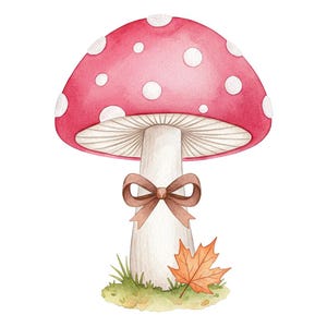 May include: A watercolour illustration of a mushroom with a red cap and white spots. The mushroom has a white stem tied with a brown bow. An orange leaf and green grass are at the base of the mushroom.