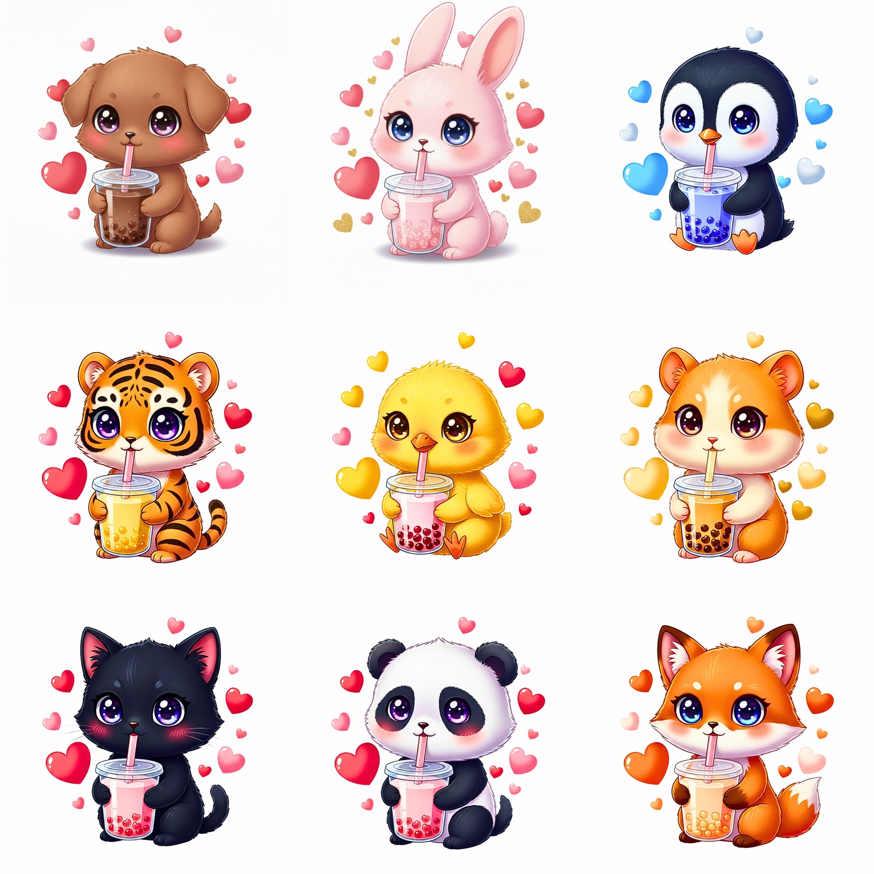 Cute Animal Boba Clipart PNG SVG, 18 Watercolor Kawaii Baby Animals ...