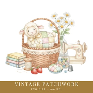 Patchwork Vintage Lamm PNG, Gestepptes Schaf Pyrex Stil, Cottagecore Nähen Tier Design, Oma Kern Preppy Trendy PNG Download