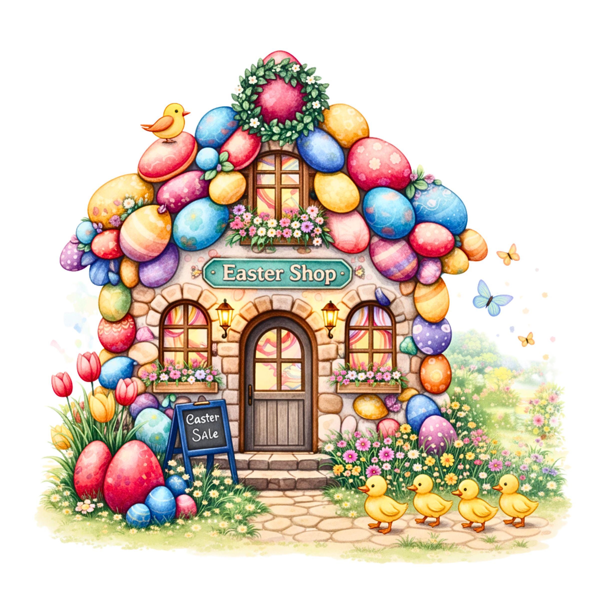 18 Watercolor Easter Shop Clipart, Easter Market PNG, Spring Storefront ...