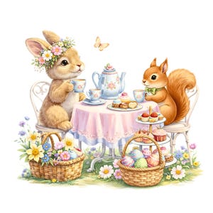 Könnte beinhalten: Aquarellillustration eines Hasen und eines Eichhörnchens beim Teetrinken. Der Tisch ist mit einer rosa Tischdecke, Teetassen und Gebäck gedeckt. Körbe mit Blumen und Ostereiern befinden sich im Vordergrund. Ein Schmetterling schwebt darüber.