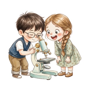 Puede incluir: Una ilustración en acuarela de un niño de cabello oscuro con gafas, chaleco azul marino y pantalones color canela, mirando por un microscopio azul claro, junto a un niño de cabello rubio trenzado con un vestido floral que sonríe ampliamente.
