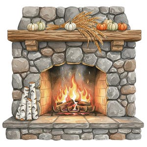 18 Fall Fireplace Clipart PNG, Cozy Autumn Mantel Decor, Rustic Stone Hearth Illustration, Printable Clipart, Scrap Book, Journal