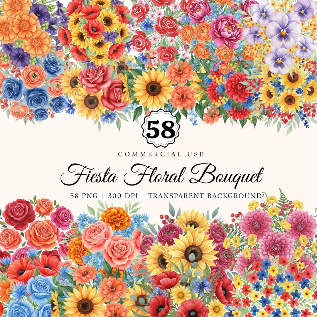 58 Fiesta Floral Bouquet Clipart PNG Bundle, Mexican Inspired Summer ...