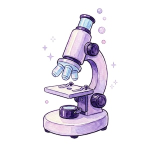 Könnte beinhalten: Eine Aquarell-Illustration eines hellvioletten Mikroskops mit einem drehbaren Objektivrevolver, einem flachen Objekttisch mit zwei Metallklammern, einem runden Fuß und einem Fokusknopf, verziert mit kleinen schwebenden Blasen und Sternformen.