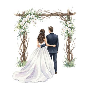 May include: Watercolor illustration of a couple at a wedding ceremony. The bride wears a white gown with a long train, and the groom is in a navy suit. They stand under a wooden arch decorated with white flowers and greenery.