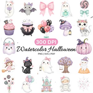 Pode incluir: Ilustrações em aquarela com tema de Halloween, apresentando fantasmas, morcegos, abóboras, gatos e outros elementos assustadores. A imagem inclui o texto "Watercolor Halloween" e "300 DPI". As ilustrações estão em formatos PNG, SVG e PDF.