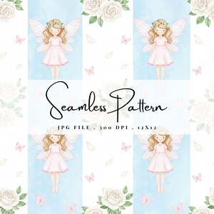 May include: Seamless pattern featuring a repeating design of a fairy in a pink dress with wings, butterflies, and white roses on a blue and white background. The text "Seamless Pattern" is displayed in a cursive font. The file is 12x12 inches.