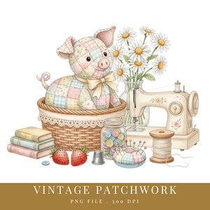 Puede incluir: Ilustración en acuarela de un cerdo de patchwork en una cesta, margaritas en un jarrón y una máquina de coser vintage. La imagen incluye fresas, libros y utensilios de costura. El texto en la parte inferior dice "VINTAGE PATCHWORK".