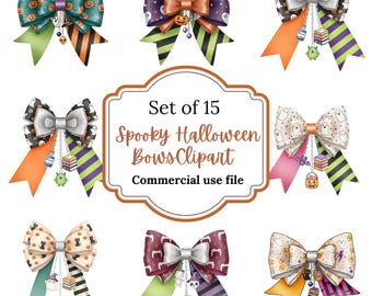 Pacote de clipart de laço de Halloween: 15 designs de fitas (PNG SVG PDF)
