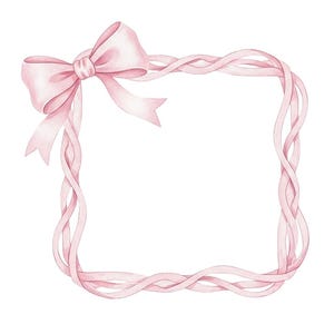 May include: Watercolor illustration of a pink ribbon bow and frame. The bow is at the top left corner, with flowing ribbons forming a square border. The design is soft and delicate, perfect for invitations or cards.