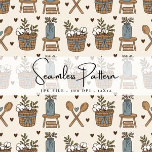 May include: Seamless pattern featuring repeating illustrations of baskets with cotton, mason jars, books, wooden spoons, and hearts in shades of brown, blue, and cream. The text "Seamless Pattern" is displayed in a cursive font.