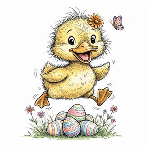 Op de afbeelding: Een vrolijk cartoon eendje met gele veren en een oranje bloem op zijn hoofd springt over een cluster van versierde paaseieren. Een roze vlinder fladdert in de buurt, en kleurrijke bloemen en gras zijn op de achtergrond.