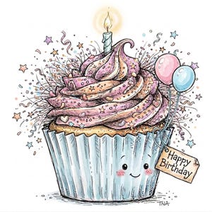 Op de afbeelding: Een grillige illustratie van een cupcake met roze glazuur, een brandende kaars en twee ballonnen. De cupcake heeft een lachend gezicht en is versierd met hagelslag en stervormige confetti. Een label leest "Happy Birthday."