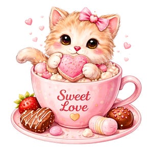 May include: A cute cartoon kitten with a pink bow sits in a pink teacup, holding a heart-shaped cookie. The teacup has the words "Sweet Love" on it. A strawberry and chocolates are on the saucer.
